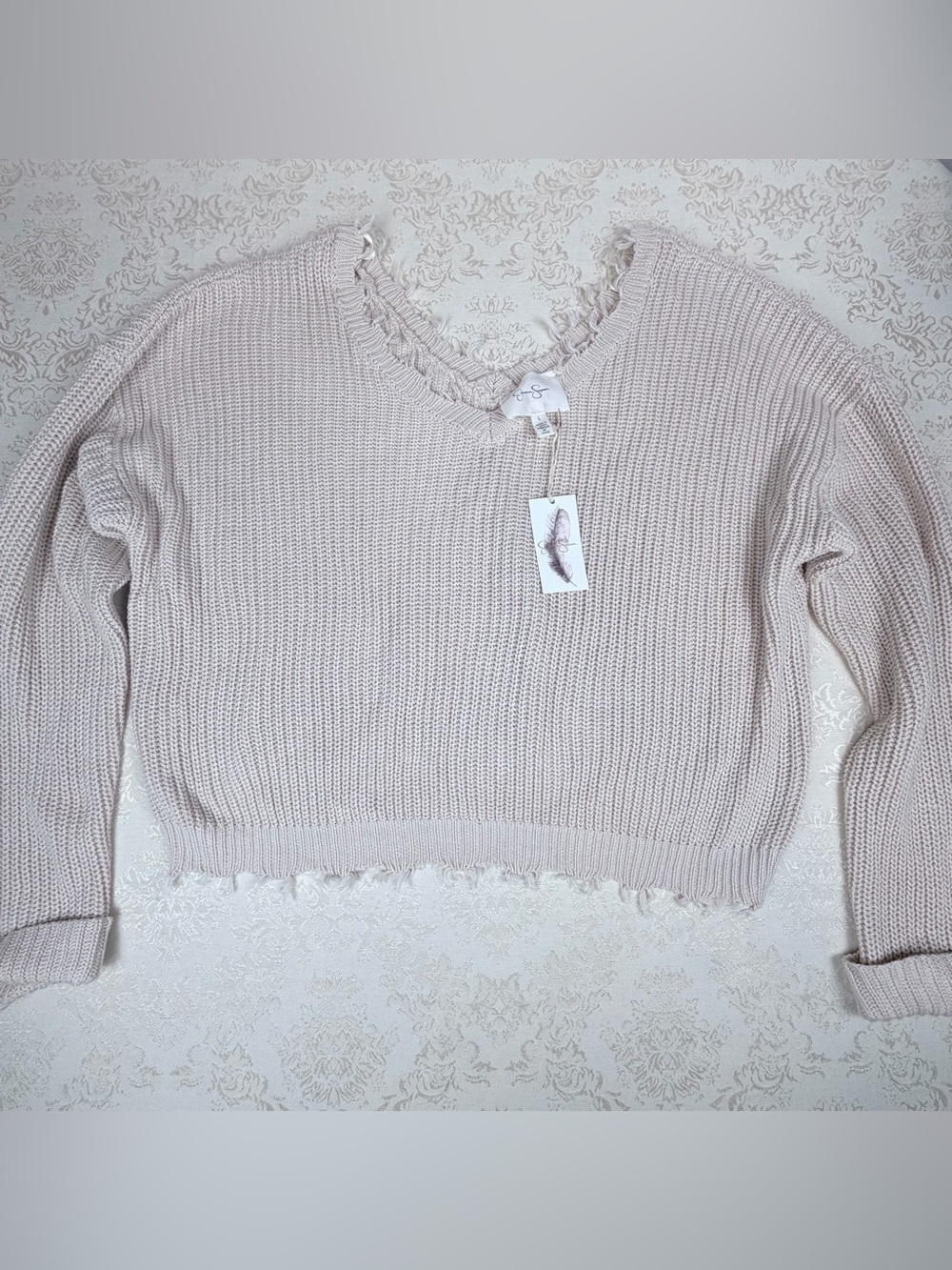 Jessica Simpson V-Neck Fringe Trim Knit Sweater in Light Beige, NWT, Large